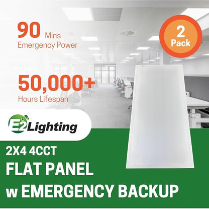 E2 LIGHTING 2 Pack 2X4 LED Flat Panel Light with Emergency Battery Backup 30W-40W-50W Wattage Selectable 3500K-4000K-5000K