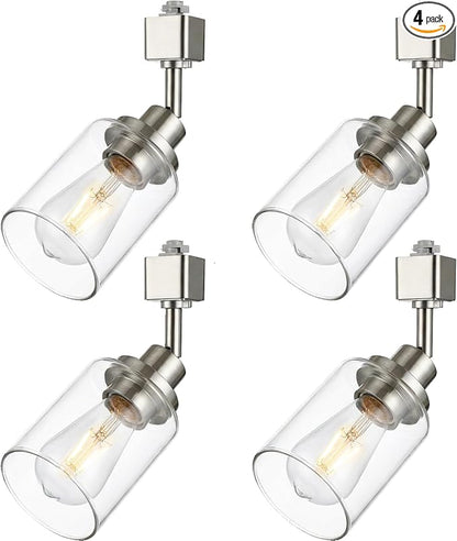 4 Pack H Track Lighting Replacement Heads Brushed Nickel Ceiling Track Lighting Fixtures with Clear Glass Shades, H Type Track Light Heads E26 Base Spotlight for Retail Shop Kitchen Island