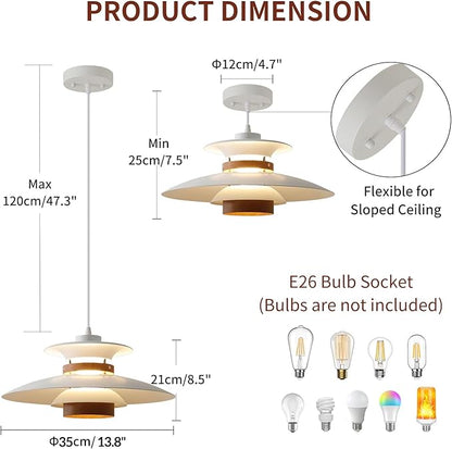 EFINEHOME Modern Decor Adjustable Pendant Lamp Kitchen Island, Aluminum and Wood Finish,1-Light E26 Base Ceiling Hanging Light for Dining Room Shop Restaurant (White+Dark Wood Grain, 35cm)