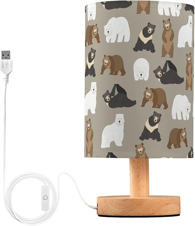 Bears Animal Pattern Brown Bear Polar Bear Black Bear Table Lamp with Wood Base Fabric Lamp Shade Bedside Nightstand Desk Lamp for Living Room Bedroom Kids Room Office