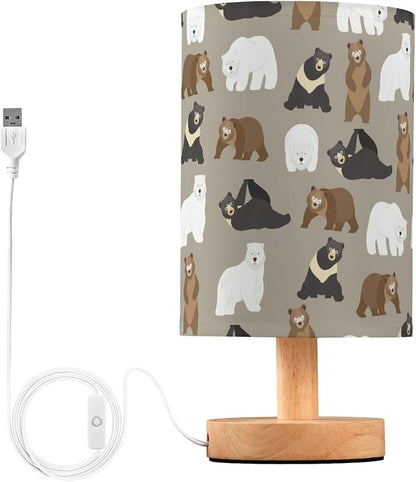 Bears Animal Pattern Brown Bear Polar Bear Black Bear Table Lamp with Wood Base Fabric Lamp Shade Bedside Nightstand Desk Lamp for Living Room Bedroom Kids Room Office