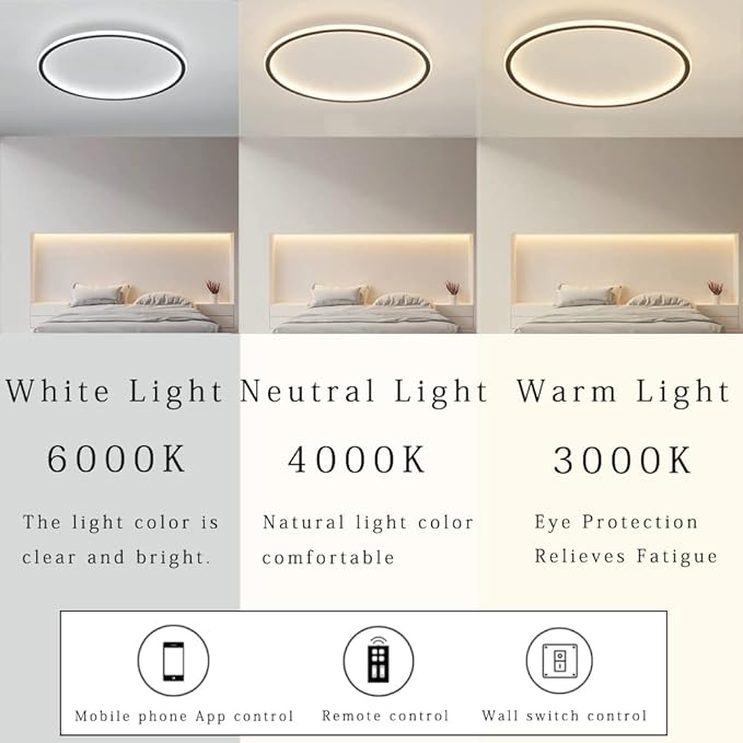 Dimmable LED Ceiling Light Fixture Flush Mount,16 inch Modern Round Recessed Ceiling Lamp with APP Adjustment,Black 44W Close to Ceiling Lighting Living Room Bedroom,3000K-6000K