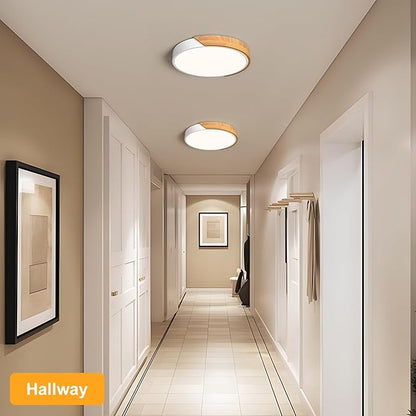 Modern LED Ceiling Light, Minimalist Wood Style Flush Mount Ceiling Light Fixture, Circle Lighting Lamp with Acrylic Lampshade for Bedroom Living Room Dining Room Laundry (White, 11.8'')