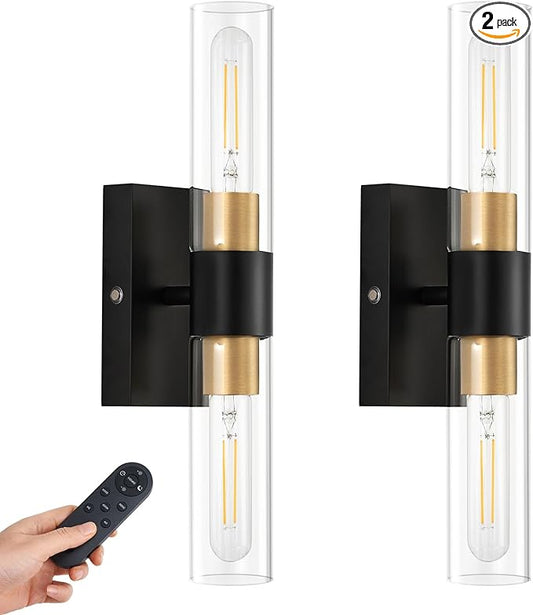 Battery Operated Wall Sconce Set of 2 with Remote Control, 12000mAh Rechargeable Wall Lights, Wireless Dimmable Wall Lamps for Bedroom Living Room Bathroom Hallway Entryway Stairwell, Black & Gold