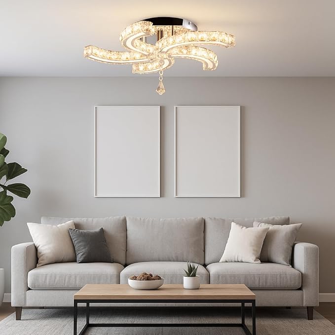 Finktonglan 19.7" Crystal Semi Flush Mount Ceiling Light, 5-Light LED Chandelier, K9 Crystal & Acrylic, 25W, 3000K Warm White, Modern Low-Profile Ceiling Lighting for Bedroom Living Room Dining