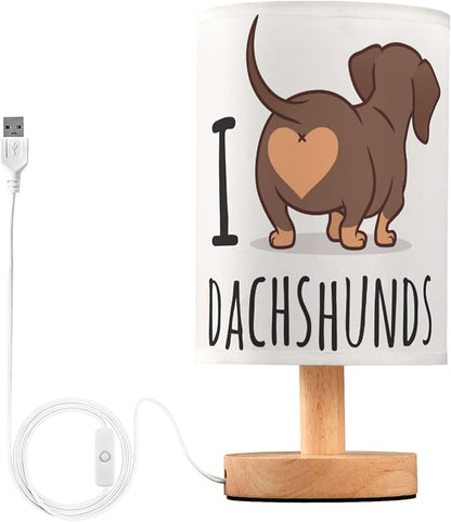 Table Lamp Cute Dachshund Dog I Love Dachshunds Heart Butt Nightstand Lamp with Wood Base Fabric Lamp Shade Bedside Desk Lamp for Living Room Bedroom Kids Room Office