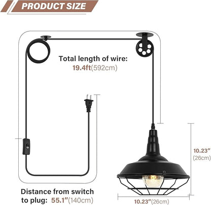 Farmhouse Black Metal Wire Cage Plug in Pulley Pendant Lights with 19.4ft Adjustable Cord On/Off Switch, Industrial Vintage Barn Hanging Ceiling Light for Kitchen Island Hallway Foyer (2 Pack)