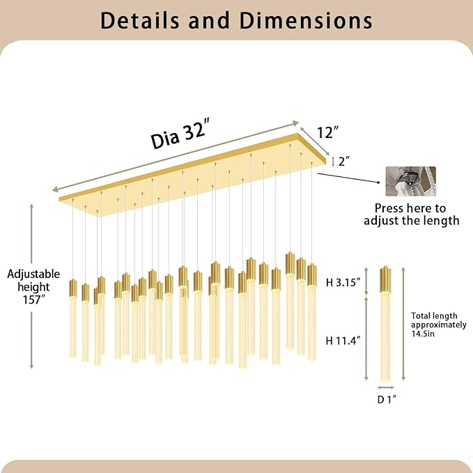 24-Light Rectangular Crystal Chandelier, Large Gold Bubble Crystal Column Pendant Light, Adjustable Height Hanging Chandeliers for Kitchen Island, Living Room, Foyer