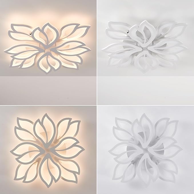 Modern LED Ceiling Light Fixture Dimmable, 28" White Modern Flower Ceiling Light with Remote Control, Low Profile Flush Mount for Bedroom, Kitchen, Living Room