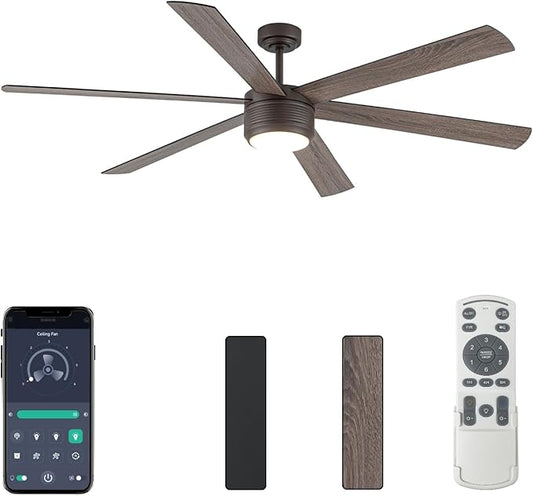 SHOWDI Ceiling Fan with Lights and Remote, 6 Blade App Control Timer Reversible Stepless Brightness and Color Temperature Outdoor Wood Ceiling Fan with Lights (Brown, 72 Inch)