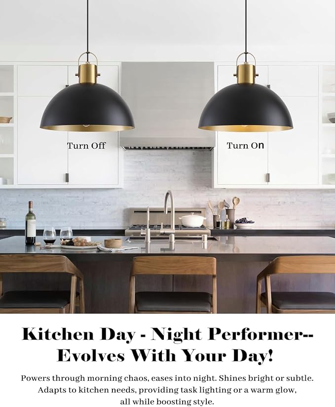 Black and Gold Pendant Light 2 Pack, 11.8 Inch Pendant Lights Kitchen Island, Dome Pendant Lights, Farmhouse Pendant Light for Kitchen Island, Dining Room, Living Room