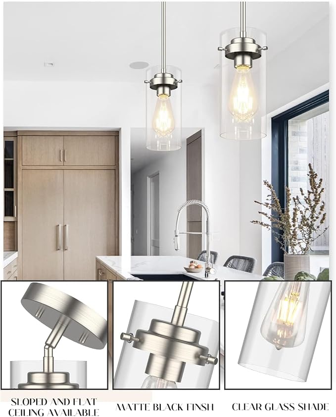 EAPUDUN Pendant Lights Kitchen Island (3 Pack), Clear Glass Shade Kitchen Lighting fixtures Ceiling Hanging, Brushed Nickel Light for Kitchen Island,Dining Room,Corridor Bedroom E26 Base