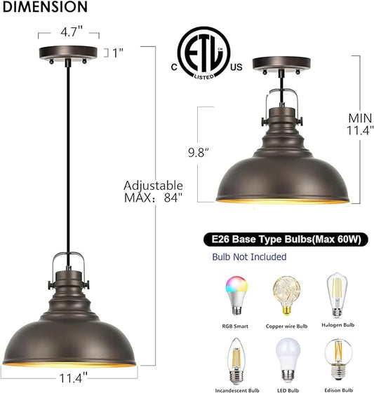 3 Packs Farmhouse Pendant Lights Kitchen Island Adjustable Pendant Light Fixtures Rustic Industrial Hanging Lamp,Oil Rubbed Bronze