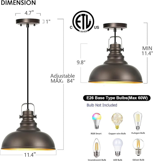 2 Packs Farmhouse Pendant Lights Kitchen Island Adjustable Pendant Light Fixtures Rustic Industrial Hanging Lamp,Oil Rubbed Bronze