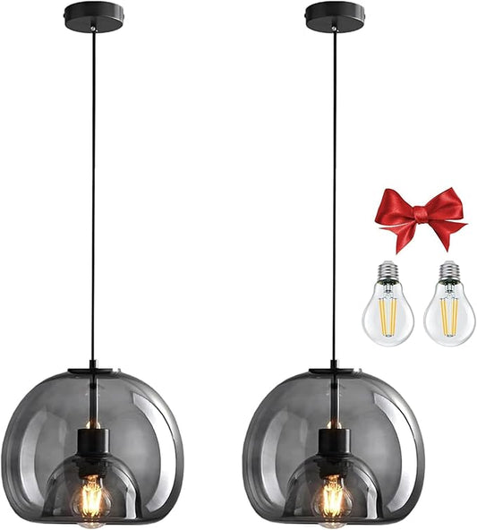 9.1in Large Smoke Glass Pendant Light for Kitchen Island, 2-Pack with Extra 2 LED Bulbs & 4.92ft Adjustable Cord | Modern Minimalist Lighting for Dining Room, Living Room, Entryway