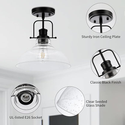 WILON Rustic Farmhouse Ceiling Light, Kitchen Lighting Fixtures Ceiling Lamp, Seeded Glass Ceiling Light, Semi Flush Mount Ceiling Lights for Sink Foyer Entryway Bathroom Laundry Room Hall Hallway