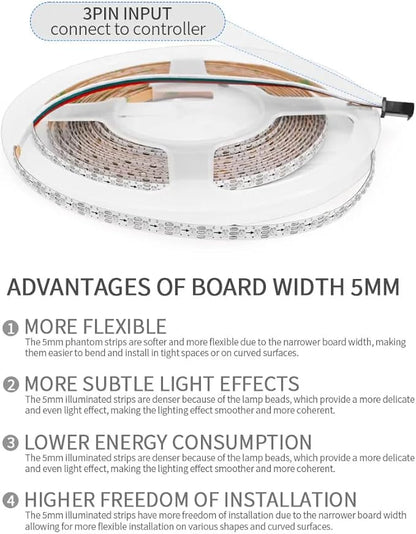160LEDs/m 16.4FT WS2812B WS2812 LED Strip,SMD 2020 DC5V 5mm Width Individually Addressable Dream Color Flexible Smart Light Tape for Bedroom,Kitchen,Stage,TV Backlight(No Adapter or Controller)