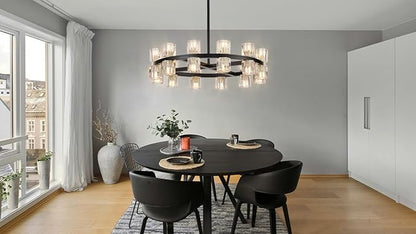 24 Inch Black Crystal Wagon Wheel Chandelier, Modern Farmhouse Round 24-Lights Pendant Lighting Fixture, for High Ceilings Living Room, Bedroom, Foyer