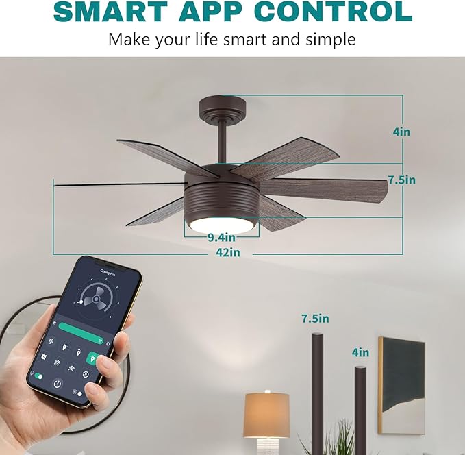 SHOWDI Ceiling Fan with Lights and Remote, 6 Blade App Control Timer Reversible Stepless Brightness and Color Temperature Outdoor Wood Ceiling Fan with Lights (Brown, 42 Inch)