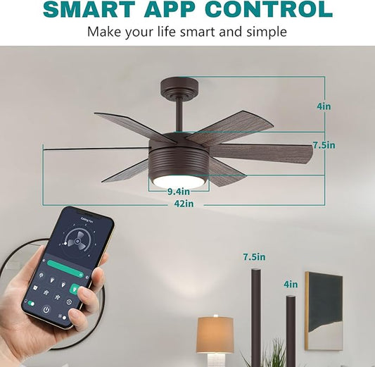 SHOWDI Ceiling Fan with Lights and Remote, 6 Blade App Control Timer Reversible Stepless Brightness and Color Temperature Outdoor Wood Ceiling Fan with Lights (Brown, 42 Inch)