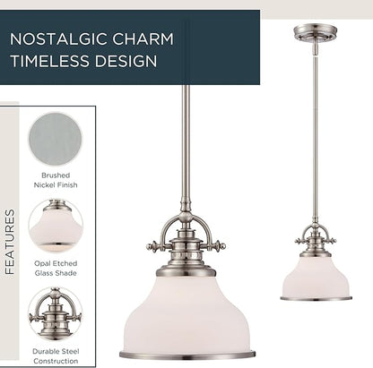 Quoizel Grant 8" Mini Pendant Light, Brushed Nickel with Opal Etched Glass, 13"–48" Adjustable Height for Kitchen Island or Bar