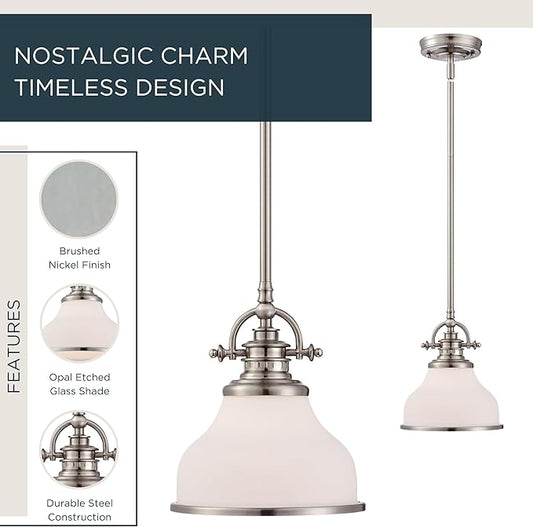 Quoizel Grant 8" Mini Pendant Light, Brushed Nickel with Opal Etched Glass, 13"–48" Adjustable Height for Kitchen Island or Bar