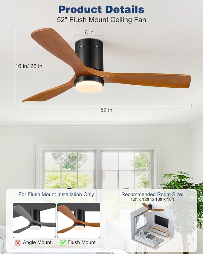 Ceiling Fans with Lights, 52 Inch Flush Mount Outdoor Ceiling Fan Low Profile, 3 Wood Blades, ETL Listed, Timer, 6 Speeds Reversible DC Motor Modern Fans for Bedroom, 52in, Brown and Black
