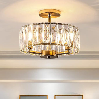 Gold Crystal Semi Flush Mount Chandeliers, 12.5” K9 Crystal Chandeliers 3-Light Ceiling Metal Pendant Fixture E12 Base for Living Room Bedroom Kitchen Island Hallway Dining Room …