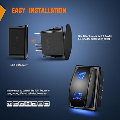 Nilight Cabin Light Rocker Switch Led Bar 5 Pin Laser On Off SPST Switches 20A/12V 10A/24V Blue with Jumper Wires Set for Cars Trucks Boats ATVs UTVs RVs