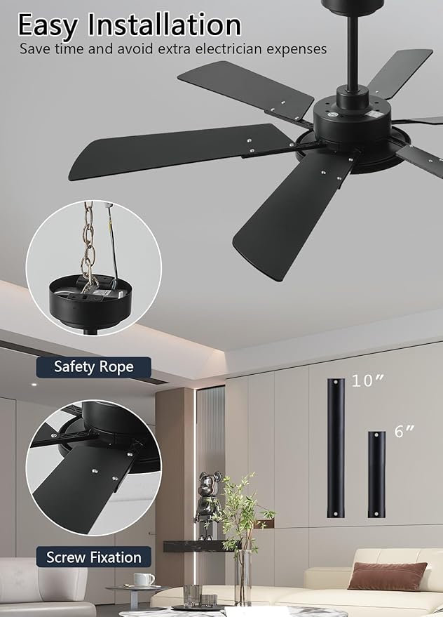 JSAITEE 52 Inch Low Profile Ceiling Fan with Lights, Remote & APP Control, 3CCT Dimmable, 6 Blades 6 Speed Ceiling Fans, Quiet Reversible DC Motor, Modern Black Ceiling Fan for Bedroom Living Room