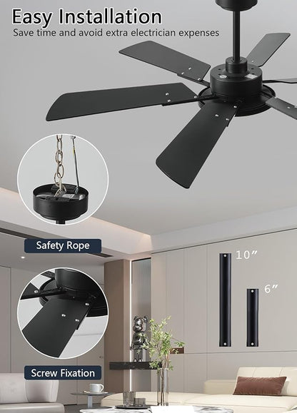 JSAITEE 52 Inch Low Profile Ceiling Fan with Lights, Remote & APP Control, 3CCT Dimmable, 6 Blades 6 Speed Ceiling Fans, Quiet Reversible DC Motor, Modern Black Ceiling Fan for Bedroom Living Room