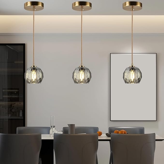 Modern Farmhouse Pendant Lights, Brass Smoke Crystal Hanging Lamp, Small 1 Light Raindrop Chanadelier for Bedroom Dining Room Kitchen Island Entryway Living Room