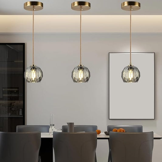 Modern Farmhouse Pendant Lights, Brass Smoke Crystal Hanging Lamp, Small 1 Light Raindrop Chanadelier for Bedroom Dining Room Kitchen Island Entryway Living Room
