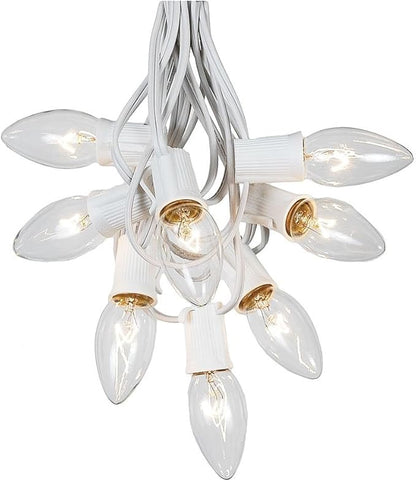 Novelty Lights Clear Hanging Incandescent Christmas String Lights - Retro Traditional C9 Indoor/Outdoor Light Set w/ 25 Mini Bulbs for Roof Lines, Patios (White Wire, 25' Long)