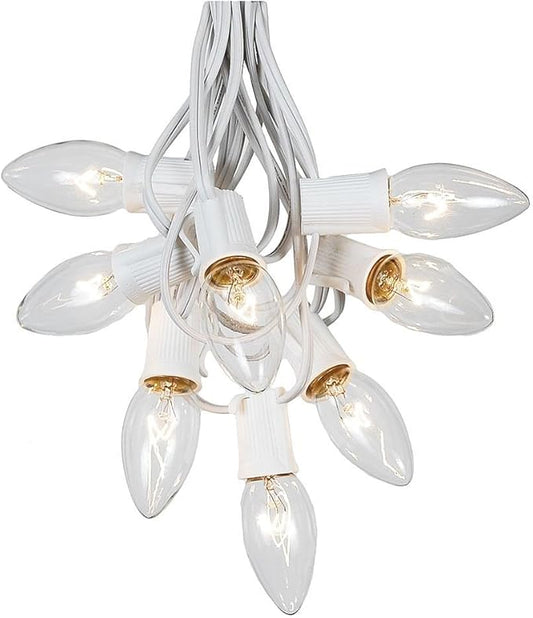 Novelty Lights Clear Hanging Incandescent Christmas String Lights - Retro Traditional C9 Indoor/Outdoor Light Set w/ 25 Mini Bulbs for Roof Lines, Patios (White Wire, 25' Long)