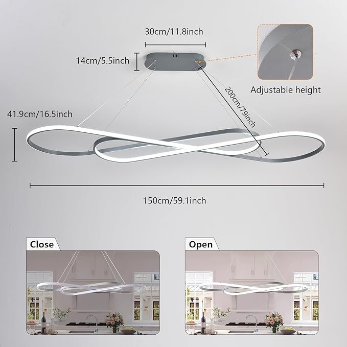 Large Led Chandeliers for Dining Room 59.06in Big Pendant Light for Kitchen Island Dimmable with Remote Ceiling Hanging Pendant Light Height Adjustable for Living Room