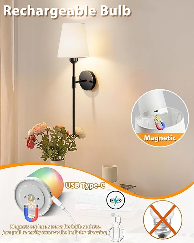 Adetu Wall Sconces Set of Two, Battery Operated Wall Sconce with 10000mAh RGB Dimmable Magnetic Bulbs and Remote, Rechargeable Wall Lights for Bedroom Living Room Hallway Decor