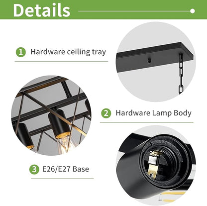 5-Light Kitchen Island Pendant Light, Black Rectangular Farmhouse Chandelier, Industrial Metal Linear Ceiling Hanging Lighting Fixture for Dining Room, Living Room, Entryway, Foyer, Bar