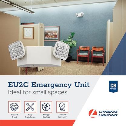 Lithonia Lighting Basics LED Emergency Light, Dual Adjustable Heads, Wall Mount, Damp Rated, 90-Min Backup, 120/277V, White, 2-Pack (EU2C CP2), Deal for stairways, hallways, and Egress Paths