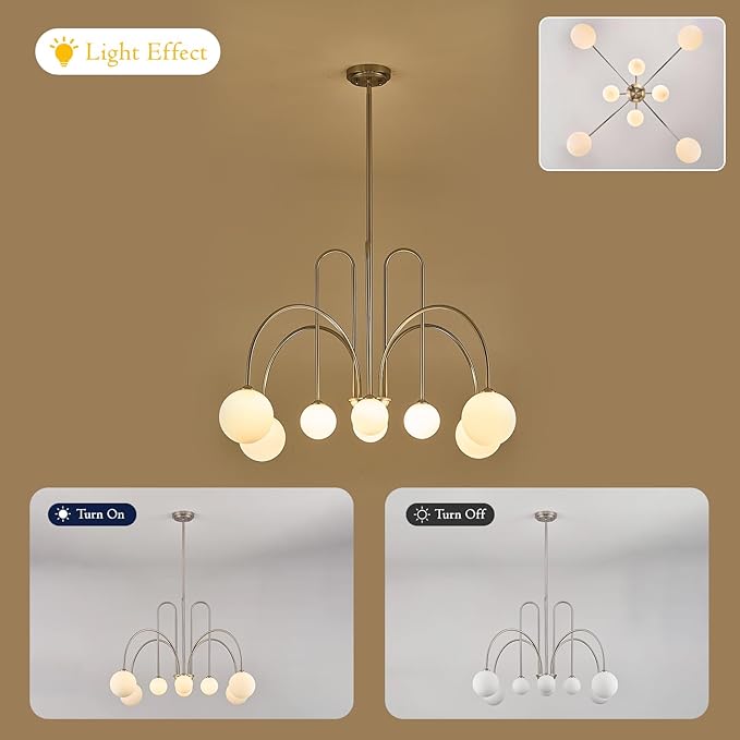 8-Light Brushed Nickel Modern Sputnik Chandelier Luxury Large L41”Mid Century Milk Glass Globe Ceiling Pendant Lighting for Foyer Living Dining Room Kitchen Staircase Foyer