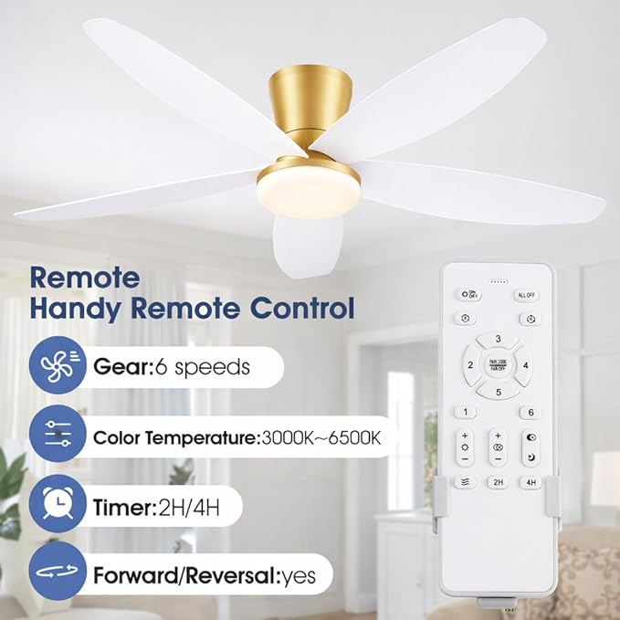 Surtime 42" Ceiling Fans with Lights-Low Profile Ceiling Fan with Light and Remote/APP Control,Flush Mount Gold Ceiling Fan with Reversible White Blades