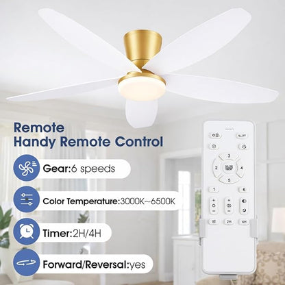 Surtime 42" Ceiling Fans with Lights-Low Profile Ceiling Fan with Light and Remote/APP Control,Flush Mount Gold Ceiling Fan with Reversible White Blades