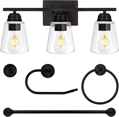 hykolity 3-Light Bathroom Vanity Light, 5-Piece All-in-One Bathroom Set, 20 Inch Modern Wall Lamp, Oil Rubbed Bronze Wall Sconce with Clear Glass Shade, Wall Lights for Bedroom, Living Room, Mirror
