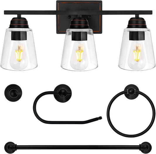 hykolity 3-Light Bathroom Vanity Light, 5-Piece All-in-One Bathroom Set, 20 Inch Modern Wall Lamp, Oil Rubbed Bronze Wall Sconce with Clear Glass Shade, Wall Lights for Bedroom, Living Room, Mirror