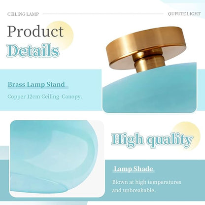 Blue Close to Ceiling Light Fixture Vintage Flush Mount Ceiling Lights 11" Round Thickened Glass Shade Gold Mid Century Semi Flush Mount Light Hallway Entrance Lighting Fixtures