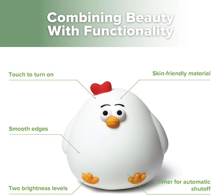 haakaa Baby Night Light | USB Rechargeable LED Funny Animal Cute Chicken Squishy Lamp for Kids,2-Level Dimmable Silicone Nursery Nightlight with 15/30 Min Timer for Breastfeeding