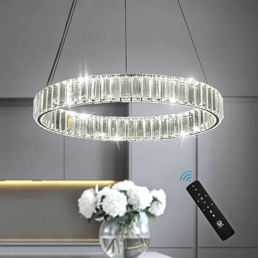 Modern Crystal Chandelier LED Dimmable Pendant Light with Remote 24" Round Ring Crystal Chandeliers for Living Room Dining Room Bedroom
