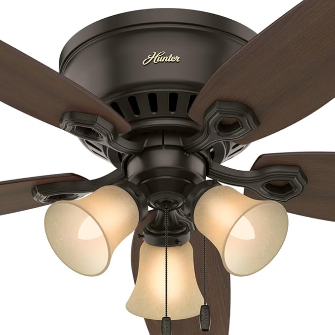Hunter 52 inch Indoor Ceiling Fan with LED Lights - Bronze Ceiling Fan with Pull Chain, For Bedroom, Living Room, or Kitchen, Low Profile Flush Mount, No Remote, 5 Blades - Builder 53327, New Bronze