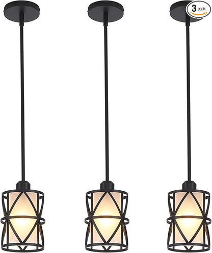 3 Pack Pendant Light Kitchen Island Pendant Light, Stem Rod Hanging Light with Spiral Cage Frosted Glass Shade, Black Modern Indoor Hanging Lamp