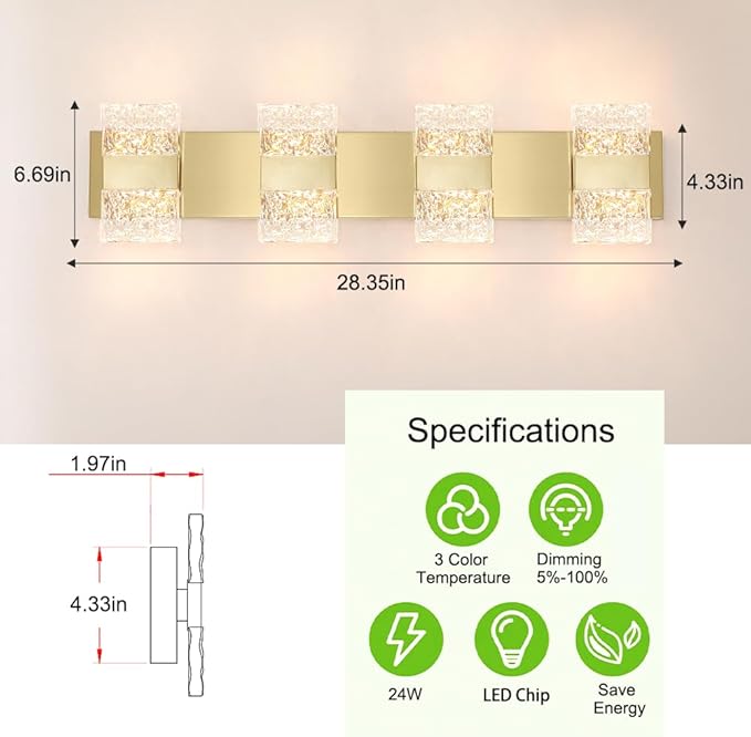 Bathroom Vanity Light Fixture, Modern Brushed Gold LED Vanity Light, Dimmable 24W LED Wall Sconce Lighting for Bathroom, Bedroom, Perfect for Makeup & Shaving